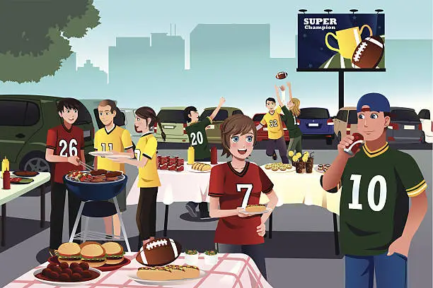 Vector illustration of American football fans having a tailgate party