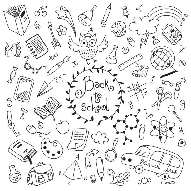 Back to school Back to school background. Sketches. Design elements. Vector illustration pencil art cartoons stock illustrations