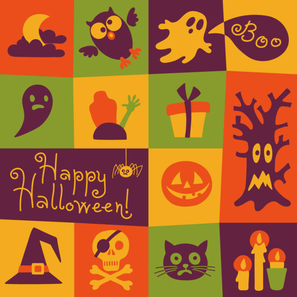 happy halloween-karte. - halloween witch domestic cat frame stock-grafiken, -clipart, -cartoons und -symbole