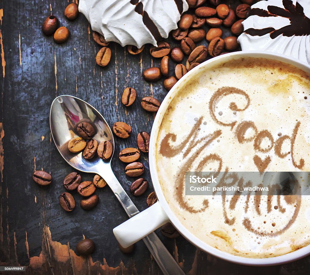 Good morning coffee Good morning coffee with coffe beans all around Cacao Fruit Stock Photo