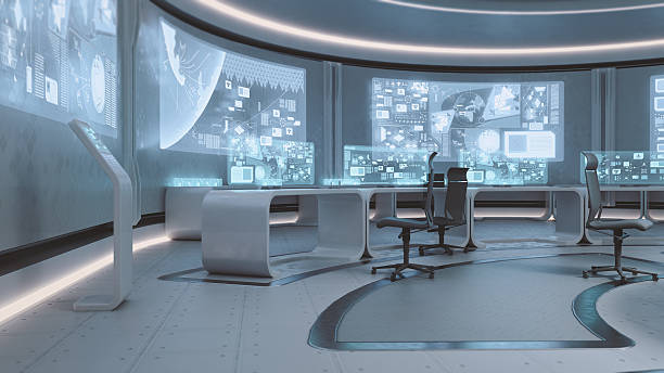 vide, moderne, centre de contrôle intérieur futuriste - glass office contemporary built structure photos et images de collection