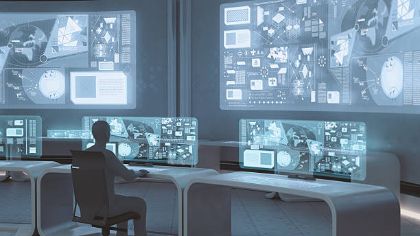 istock Modern, futuristic command center interior with people silhouettes 506502836