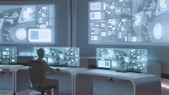 3D rendered modern, futuristic command center interior with people silhouettes