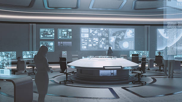 istock Modern, futuristic command center interior with people silhouettes 506503016