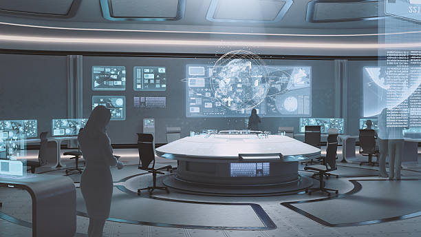 istock Modern, futuristic command center interior with people silhouettes 506503200