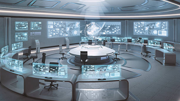 空の、モダンで斬新なコマンドセンターの内装 - 研究所　未来 ストックフォトと画像