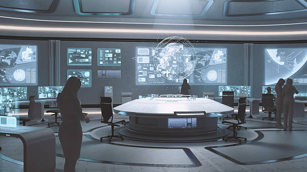 istock Modern, futuristic command center interior with people silhouettes 506503412