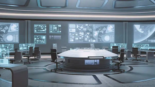 empty, modern, futuristic command center interior