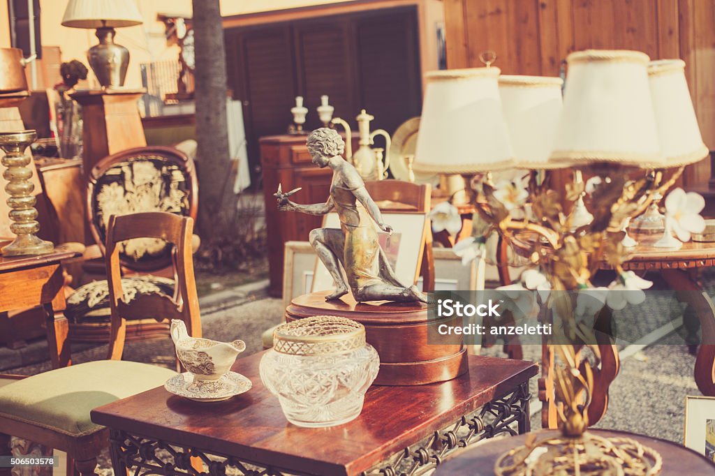 Flea market in Italy vintage objects at an outdoor flea market Antique Stock Photo