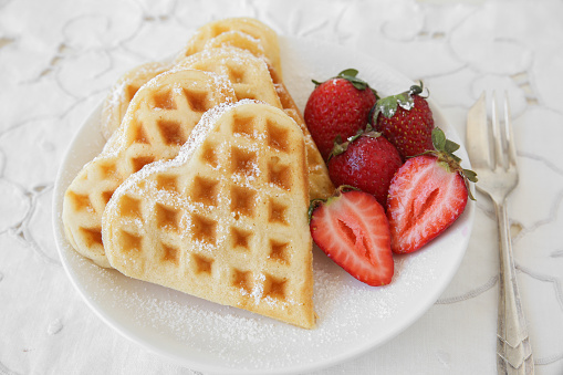 waffles with fresh strawberries, selective focus