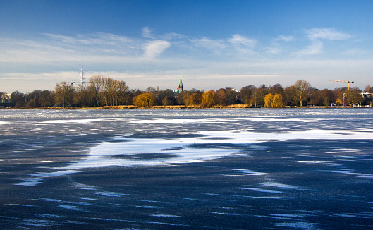 hamburg lake is covered with ice. Germany