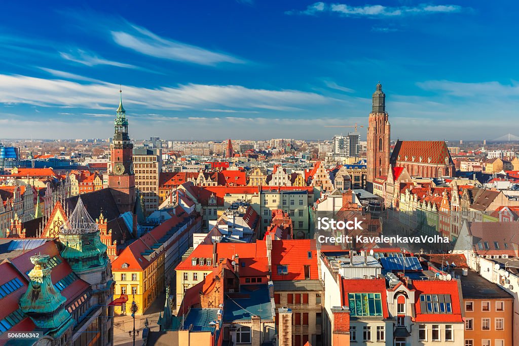 Aerial view of Wroclaw in the morning Aerial view of Stare Miasto with Market Square, Old Town Hall and St. Elizabeth's Church from St. Mary Magdalene Church in Wroclaw, Poland Wroclaw Stock Photo