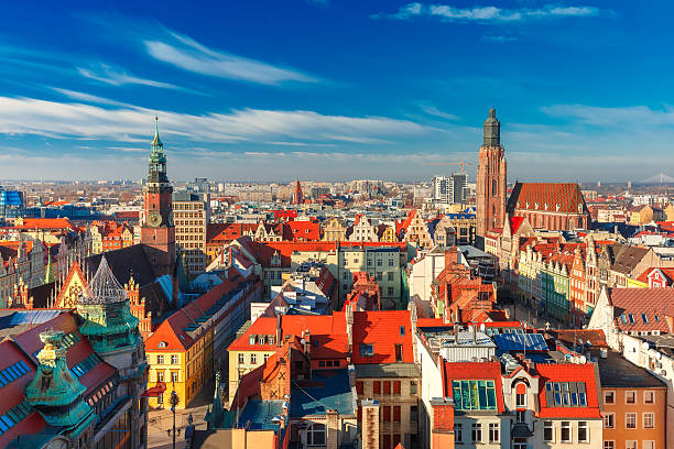 Aerial view of Wroclaw in the morning Aerial view of Stare Miasto with Market Square, Old Town Hall and St. Elizabeth's Church from St. Mary Magdalene Church in Wroclaw, Poland polish culture photos stock pictures, royalty-free photos & images