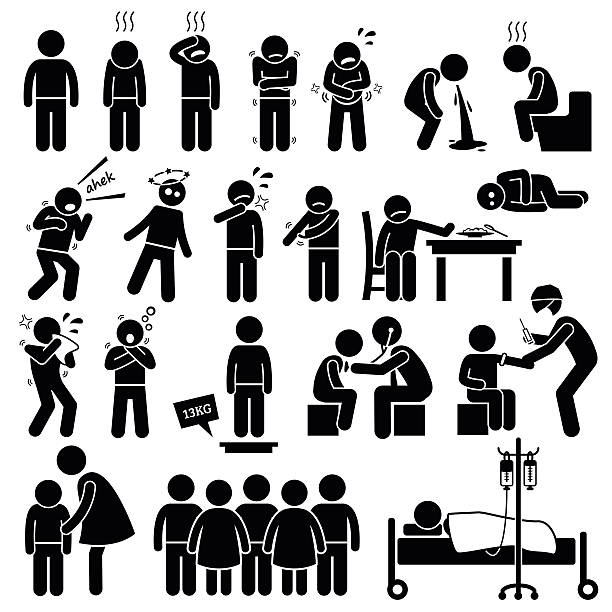Children Sick Sickness Ill Illness Disease Flu Problem Health Illustrations Illustrations showing children getting sick with symptoms. The boy is having a checkup by a doctor and getting an injection. He is isolated from other children so that the flu does not infect others. boy throwing up stock illustrations