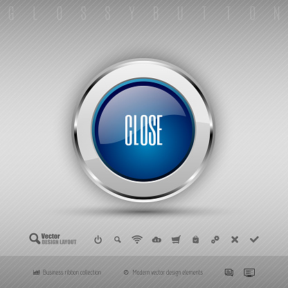 Blue and gray glossy button with set of icons. Vector business design elements.