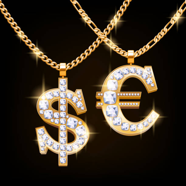 Dollar and euro sign jewelry necklace on golden chain Dollar and euro sign jewelry necklace with diamonds gemstones on golden chain. Hip-hop style. diamond necklace stock illustrations