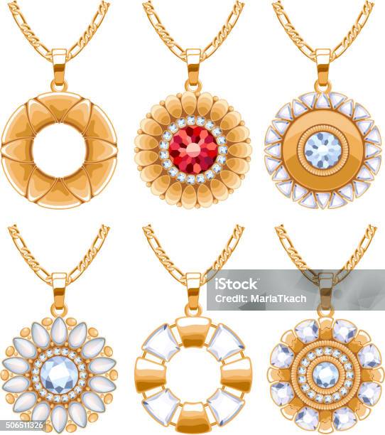 Elegant Gemstones Vector Jewelry Round Pendants Set Stock Illustration - Download Image Now