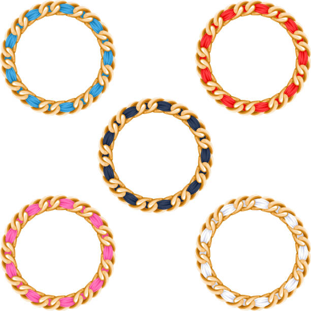 złote łańcuchy z kolorowe wstążki wektor zestaw ramek tkanina - gold chain chain circle connection stock illustrations