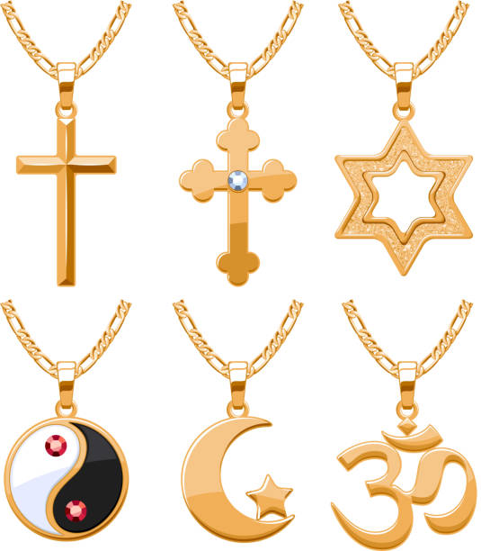 ilustraciones, imágenes clip art, dibujos animados e iconos de stock de elegante piedras preciosas vector de conjunto de símbolos religiosos colgantes joyas - cross cross shape shiny gold