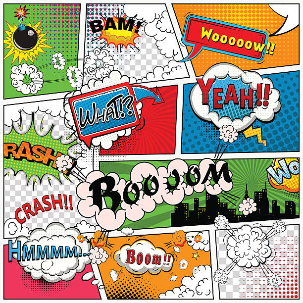 Comic book page divided by lines with speech bubbles Comic book page divided by lines with speech bubbles, sounds effect. Retro background Mock-up. Comics template. Vector illustration comic book page template stock illustrations