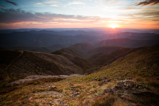 The view at sunset from the summit of Mt Buller towards Mansfield in the Victorian High Country, Australia