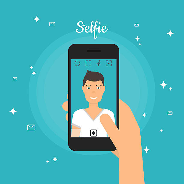ilustrações de stock, clip art, desenhos animados e ícones de homem a tirar uma selfie fotografia no telefone inteligente. auto retrato imagens - fotografia imagem
