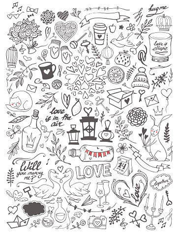 Valentine's Day handsketched doodle set - freehand vector illustration. Traditional romantic symbols: heart shapes, desserts, doves, swans, champagne, love letters, roses, florals and flourishes.