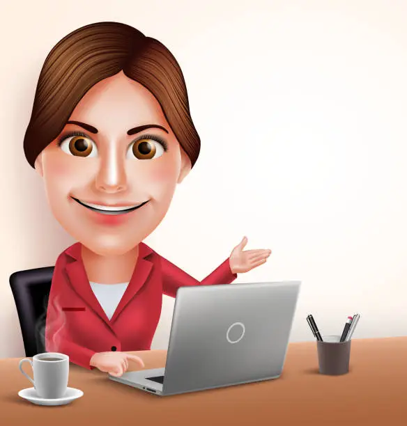 Vector illustration of Businesswoman or Secretary Vector Character Working in Office Desk