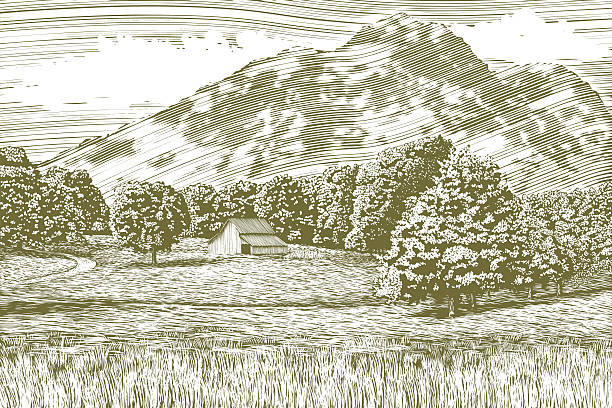 Woodcut Barn and Mountain Landscape vector art illustration