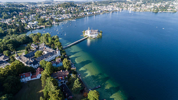 Castle in Gmunden, Schloss orth, aerial view Schloss Ort castle in Gmunden Austria Europe - view from sky, The castle belongs to the municipality of Gmunden and is a public place. schloss orth stock pictures, royalty-free photos & images