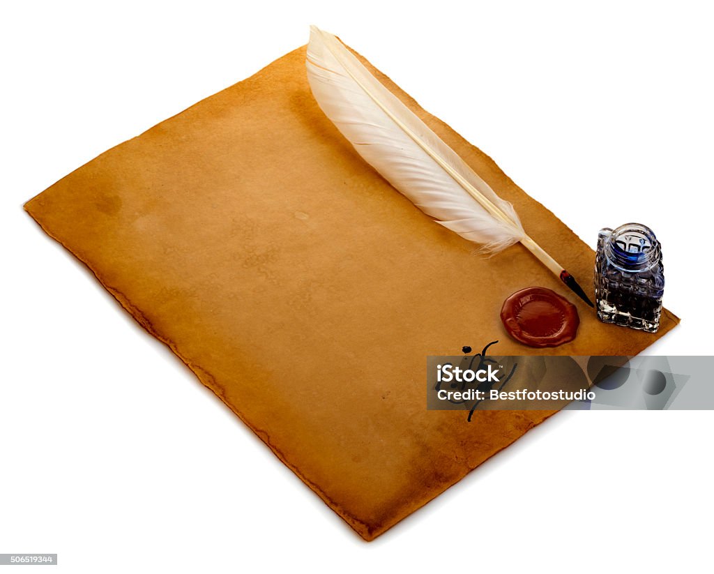 White quill pen, red wax seal, inkwell. White quill pen, red wax seal, inkwell on an old brown paper sheet close-up isolated. Retro style. Feather Stock Photo