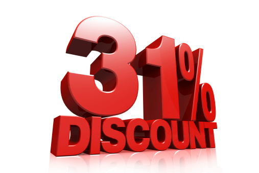 3D render red text 31 percent discount on white background with reflection