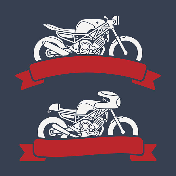 Motorcycle logo set Flat looking emblems with classic motorcycles and red ribbons cafe racer stock illustrations