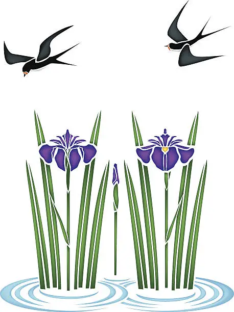 Vector illustration of May. Swallow and irises, Japanese style