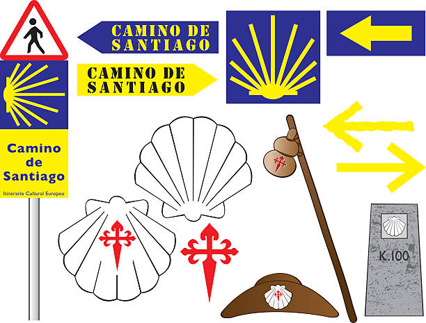 ilustrações, clipart, desenhos animados e ícones de camino de santiago-as placas e símbolos - em frente de