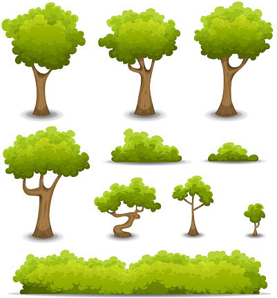 Vector illustration of a set of cartoon spring or summer forest trees and other green forest elements, bonsai, foliage, bush and hedges. File is EPS10 and uses multiply transparency on shadows and overlay transparency on gradient contrast effect. Vector eps and high resolution jpeg files included