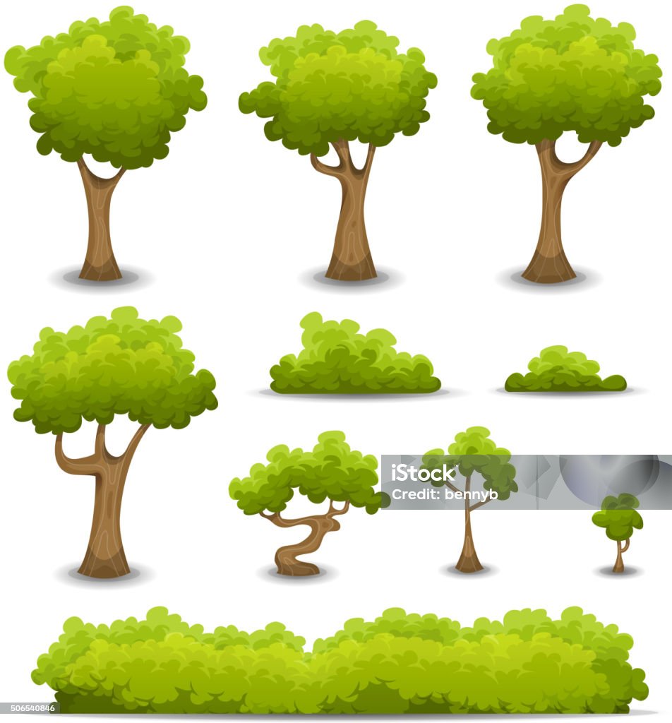 Forest Trees, Hedges And Bush Set Vector illustration of a set of cartoon spring or summer forest trees and other green forest elements, bonsai, foliage, bush and hedges. File is EPS10 and uses multiply transparency on shadows and overlay transparency on gradient contrast effect. Vector eps and high resolution jpeg files included Bush stock vector