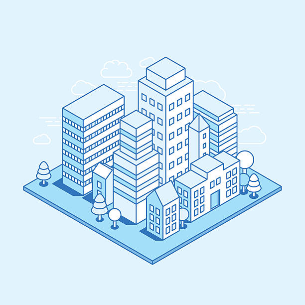 Vector city landscape isometric illustration Vector city landscape isometric illustration - business concept and banner in trendy linear style  on blue background building exterior illustrations stock illustrations