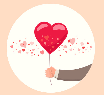Vector illustration of man hand holding red balloon on white background. Art design for Valentine's Day greetings and card, web, banner, poster, flyer, brochure, print.