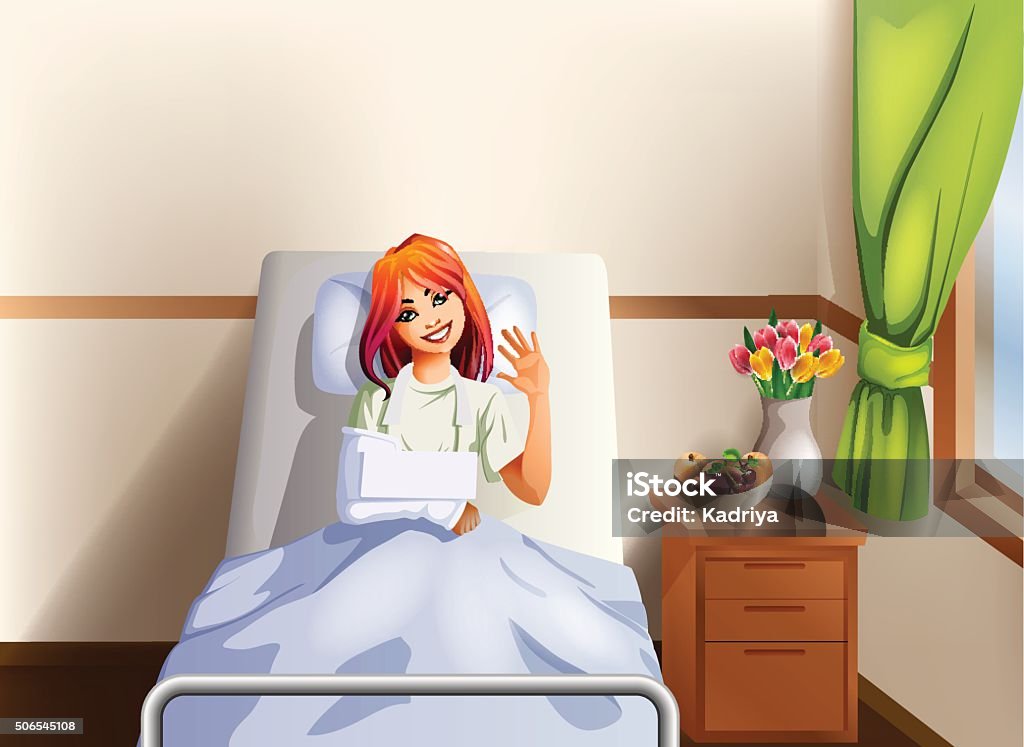 Young woman in a hospital bed smiling with Young woman in a hospital bed smiling  a broken hand in a cast Adult stock vector