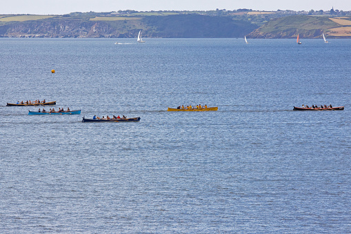 Falmouth, England - June 11, 2011: Teams in the annual Falmouth Gig Club regatta racing in the river Fal estuary