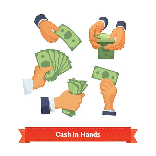 Vector illustration of Hand poses counting, taking and showing green cash