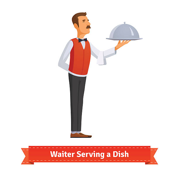 Waiter in a bow-tie serving dish on silver platter Classy waiter in a bow-tie serving a dish in a silver platter with lid. Flat style illustration. EPS 10 vector. butler stock illustrations