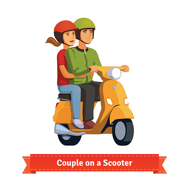 illustrations, cliparts, dessins animés et icônes de couple sur un scooter. équitation heureux ensemble - moped