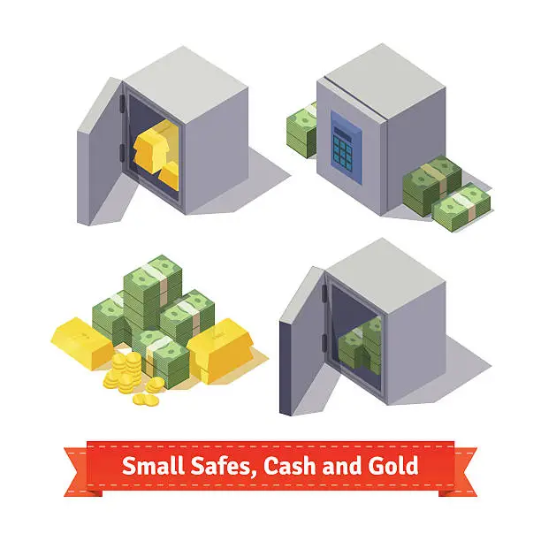 Vector illustration of Small safes with gold bars and cash