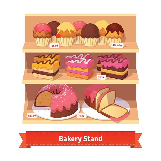 ilustraciones, imágenes clip art, dibujos animados e iconos de stock de tienda de dulces y panadería soporte con postres - chocolate bundt cake