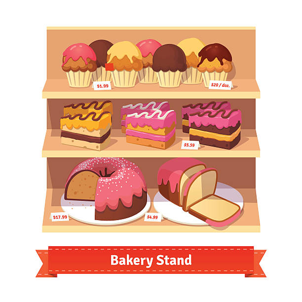 Bakery shop stand with sweet desserts Bakery shop stand with sweet desserts: cupcakes, cakes, bundt cake and bread with frosting. Flat style illustration. EPS 10 vector. Flat style illustration. EPS 10 vector. display cabinet stock illustrations
