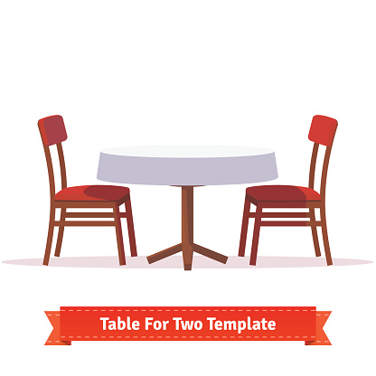 Dinner table for two with white cloth and red wooden chairs. Flat style illustration. EPS 10 vector.