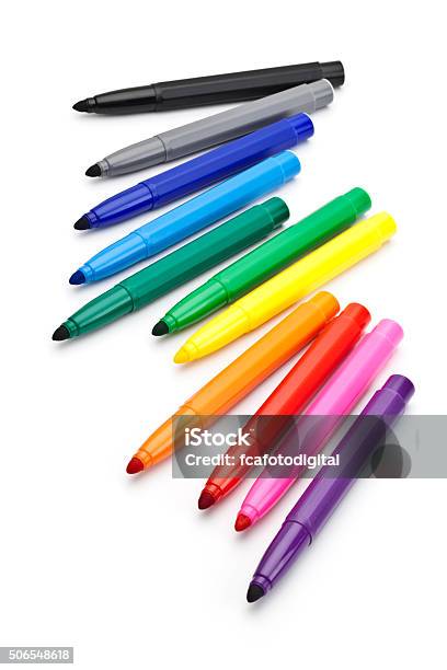 Rainbow Colored Markers On White Background Stock Photo - Download Image Now - Pen, Arrangement, Art and Craft Equipment