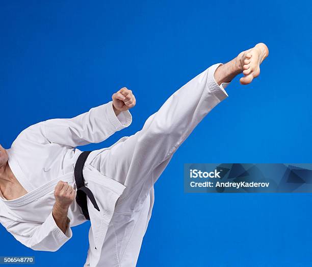 High Kick Athlete Is Beating With A Black Belt Stock Photo - Download Image Now - Activity, Adult, Authority